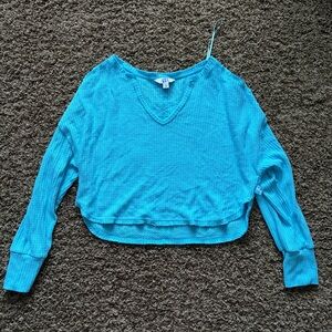 JoyLab Blue V-Neck Long Sleeve Waffle Knit Top